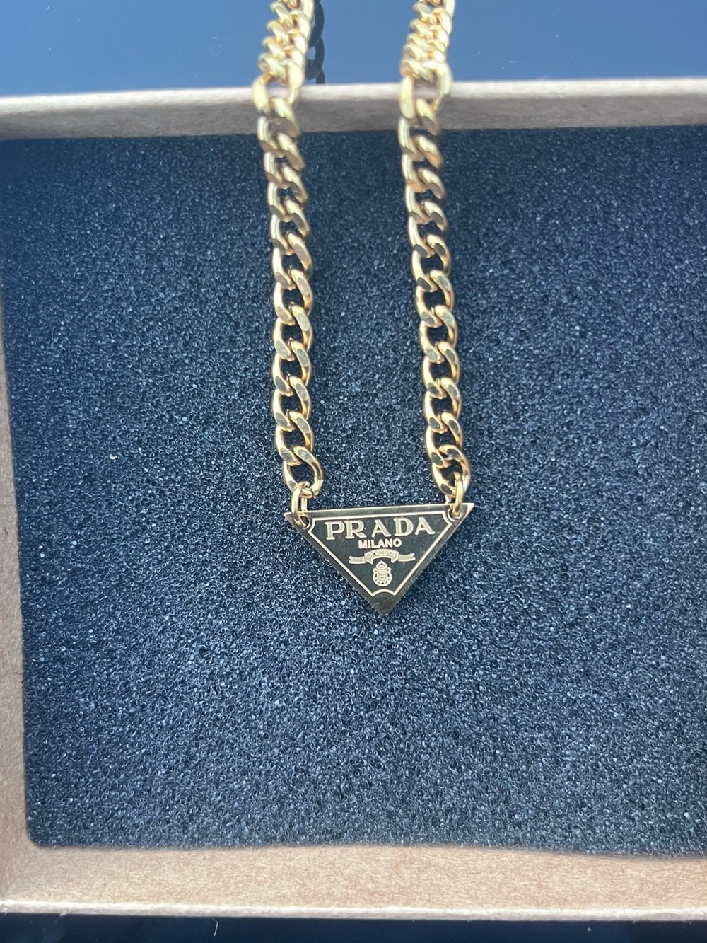 Prada Gold Triangle Logo Curb Chain Necklace - Gold - Not STAMPED